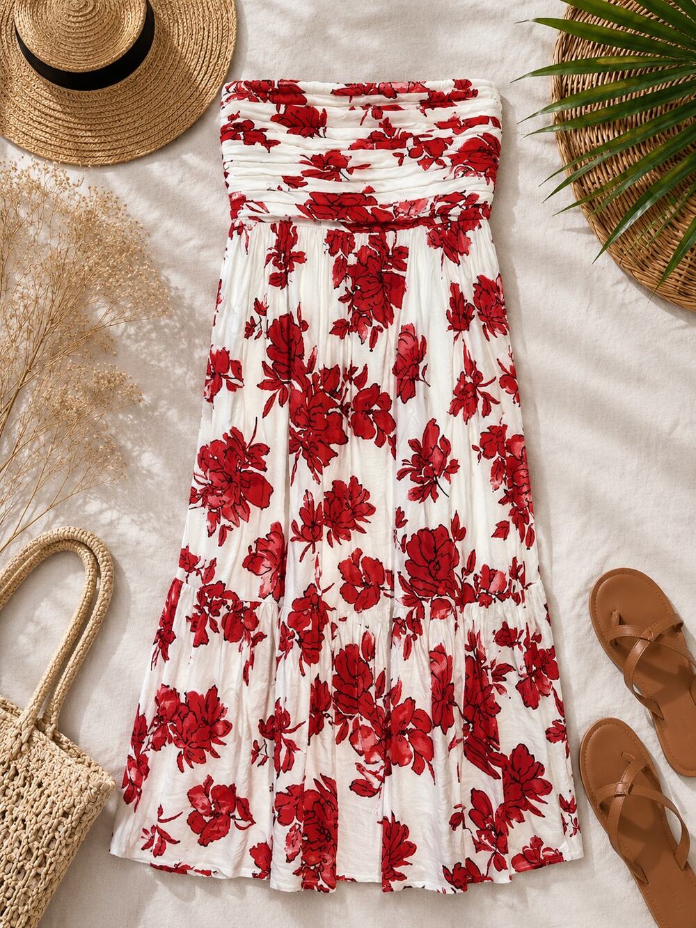 Abercrombie & Fitch Strapless Floral Smocked Midi Dress Red White Feminine SZ LP